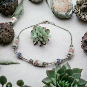 Vtg 90s Boho Ceramic Beaded Anklet Bracelet Floral Blue Brown Handcrafted 8.5"